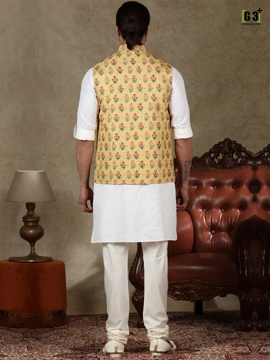 Yellow and white silk waistcoat set for festive