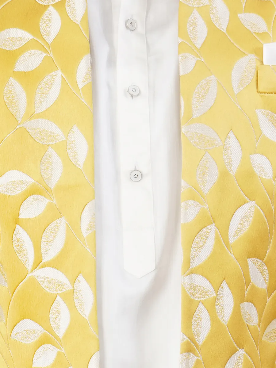 Yellow and white jacquard indowestern for wedding