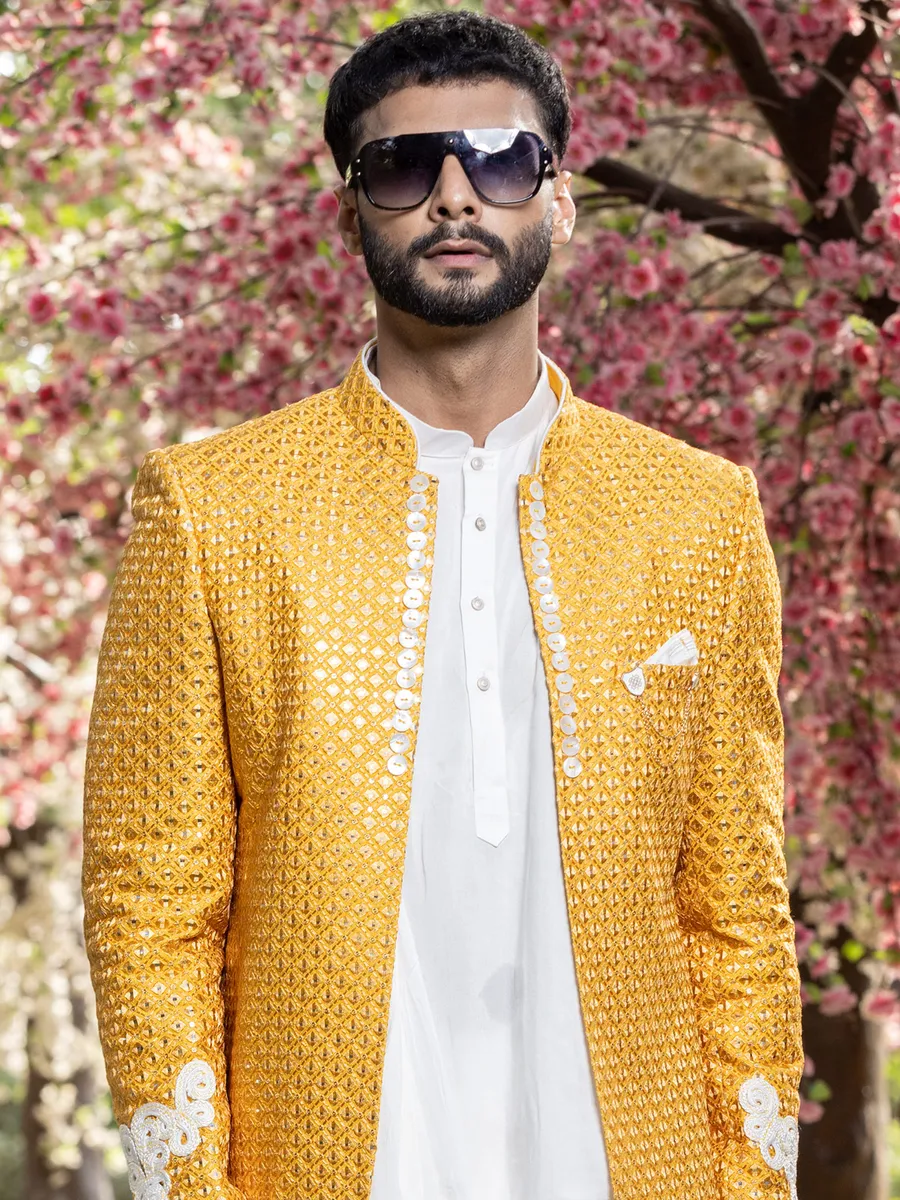 Yellow and white silk indowestern