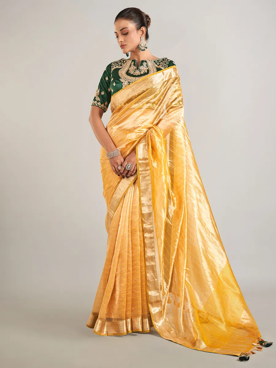 Yellow banarasi tissue silk zari weaving saree
