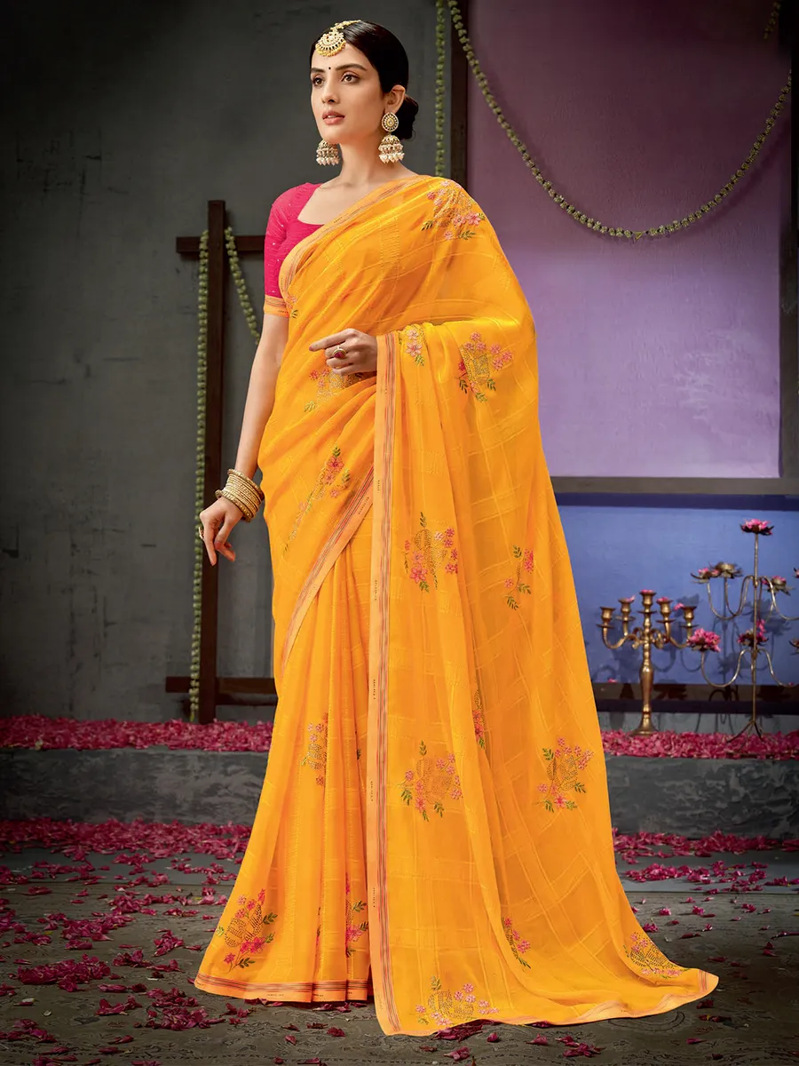 Yellow checks georgette saree