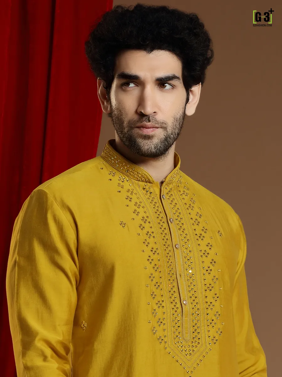 Yellow color cotton silk Kurta Set for Men