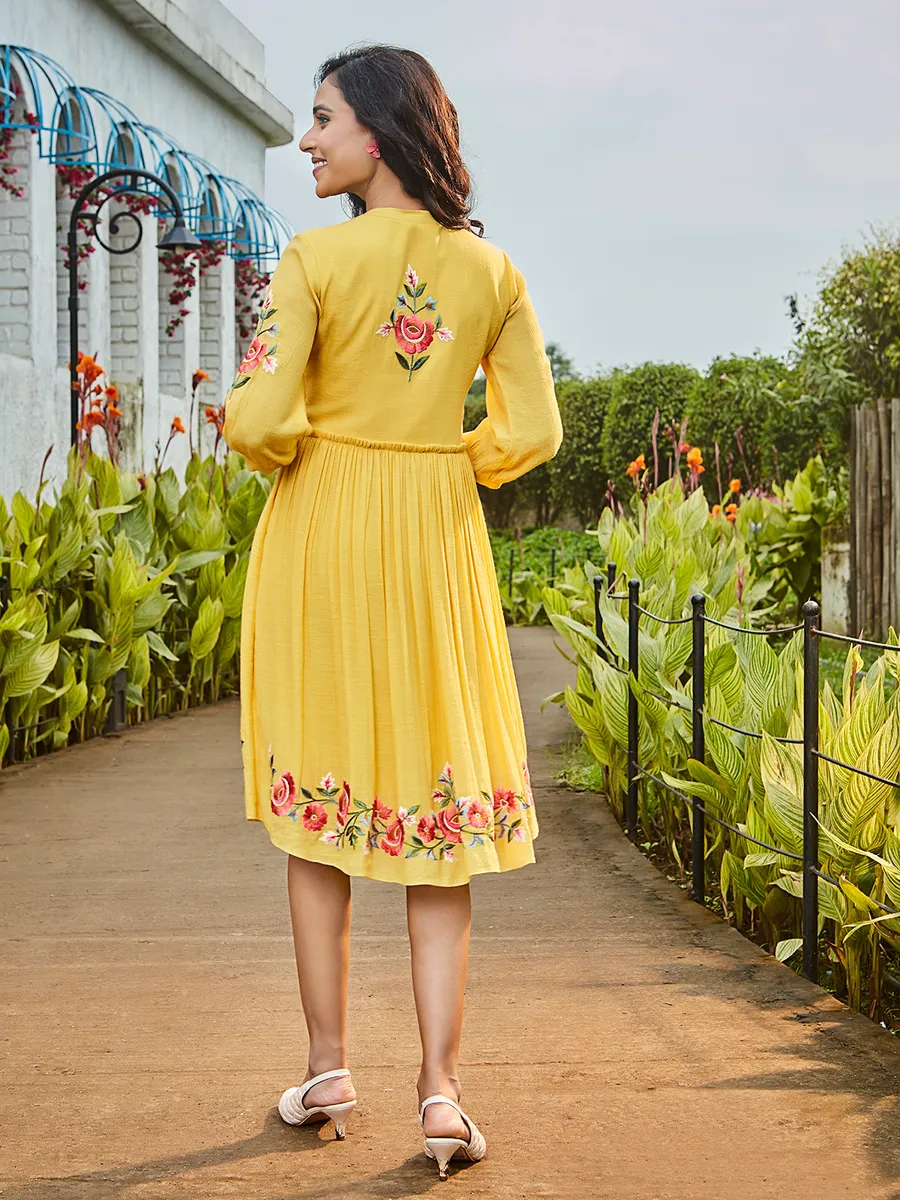 Yellow cotton embroidery casual kurti