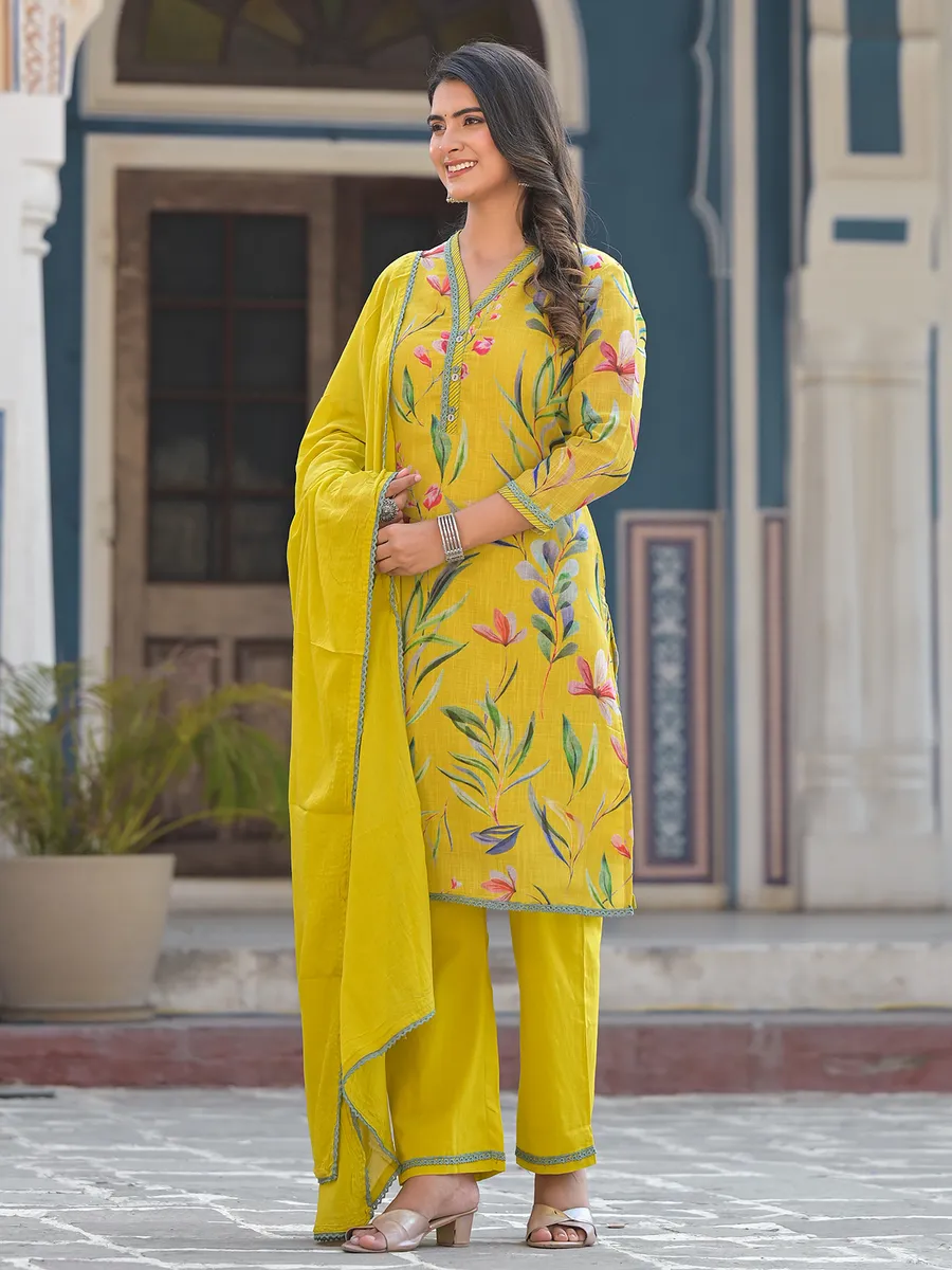 Yellow cotton floral print kurti set