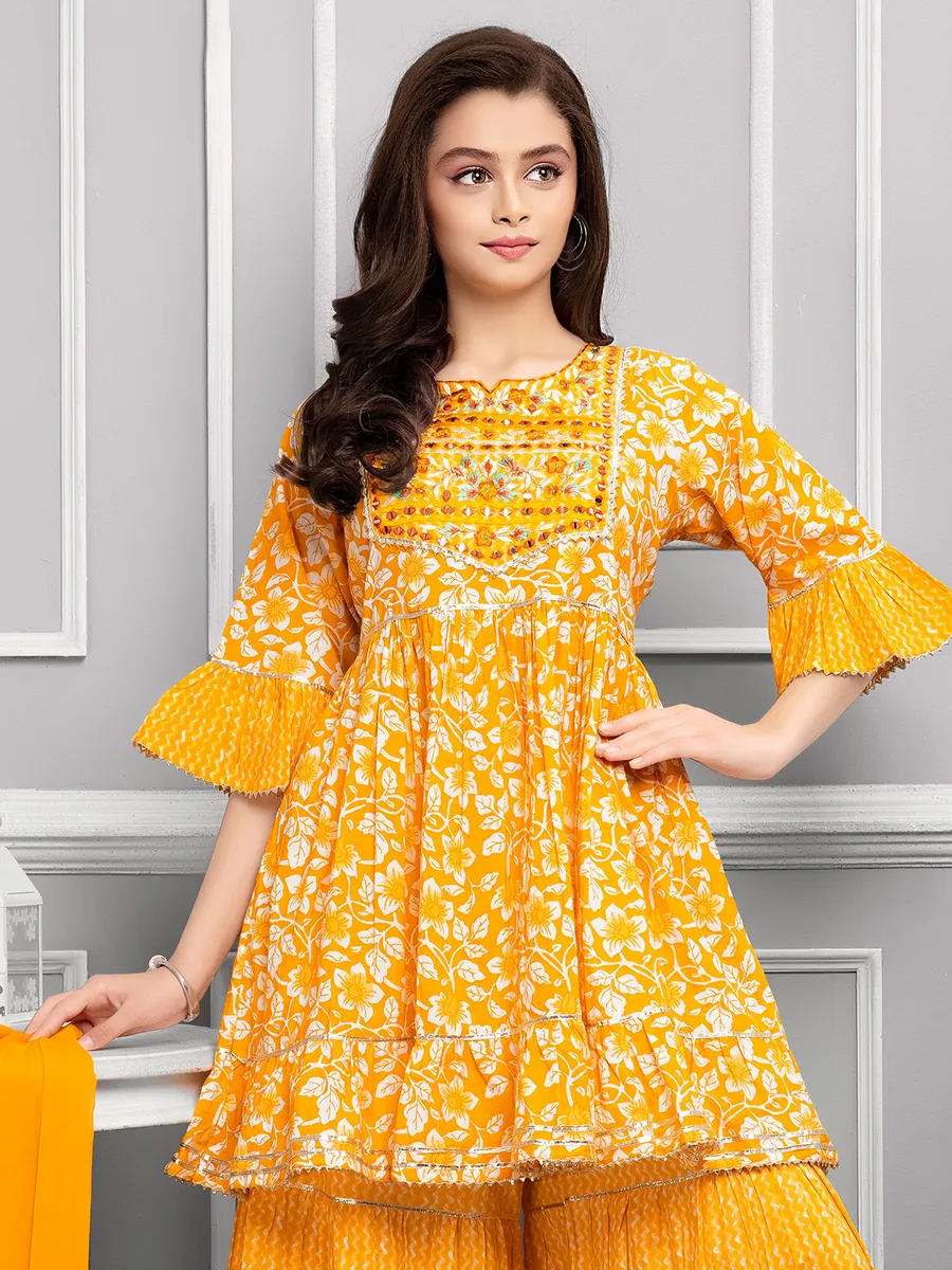 Yellow cotton floral printed sharara suit