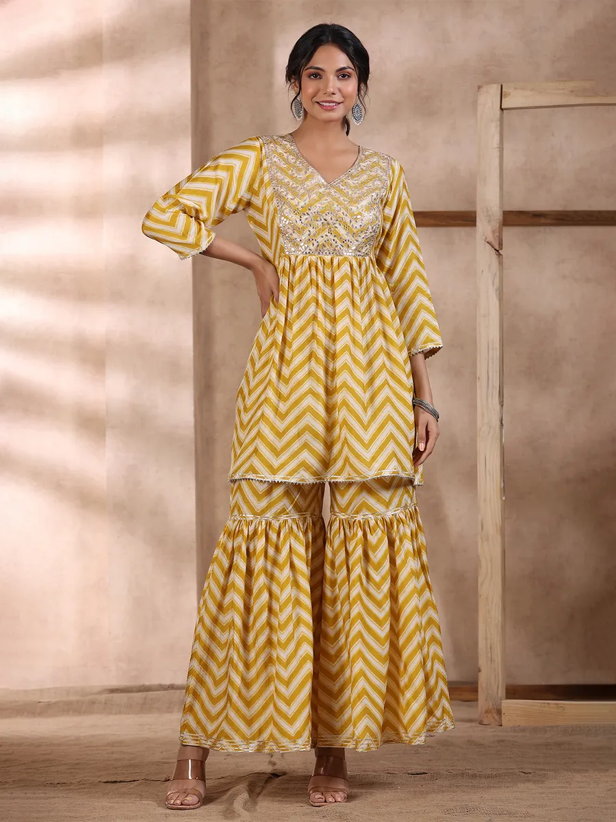 Yellow silk printed sharara set for casual