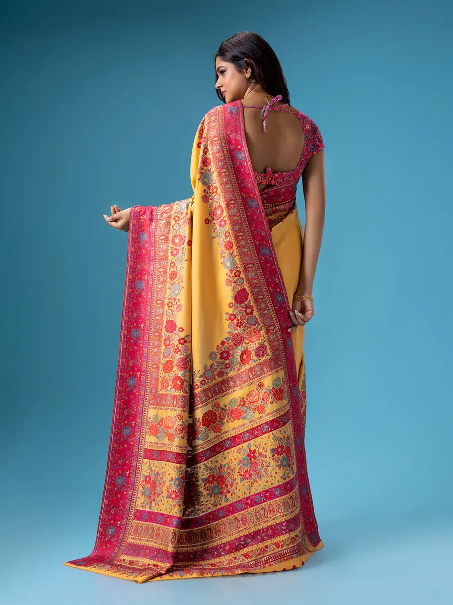 Yellow pashmina silk saree with contrast border