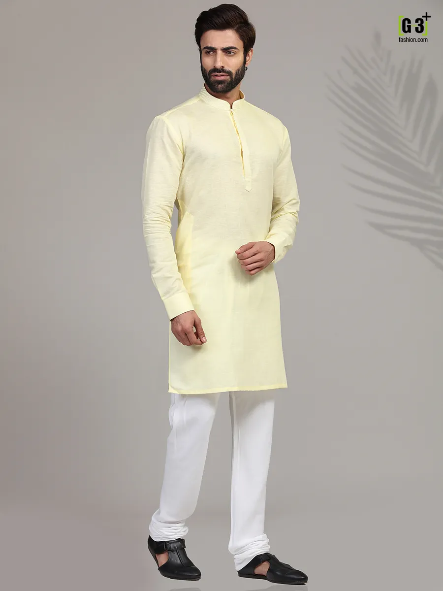 Yellow cotton stand collar classic kurta suitG3MKS1867 United...