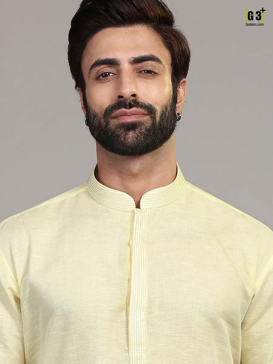 Yellow cotton stand collar classic kurta suitG3MKS1867 United...