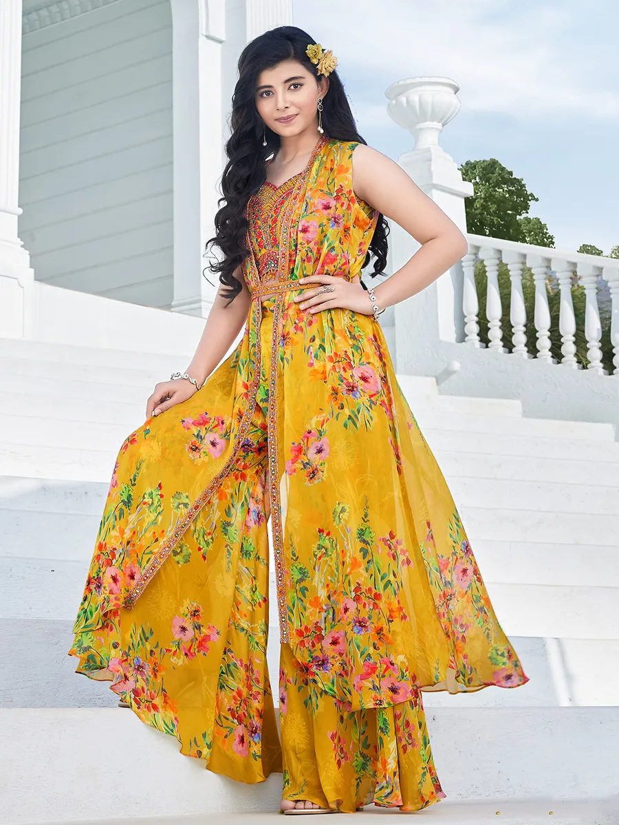 Yellow floral printed palazzo suit in georgette