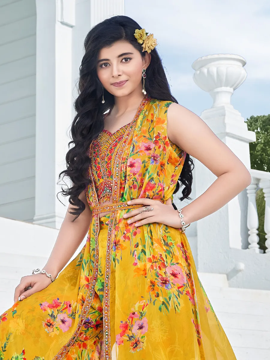 Yellow floral printed palazzo suit in georgette