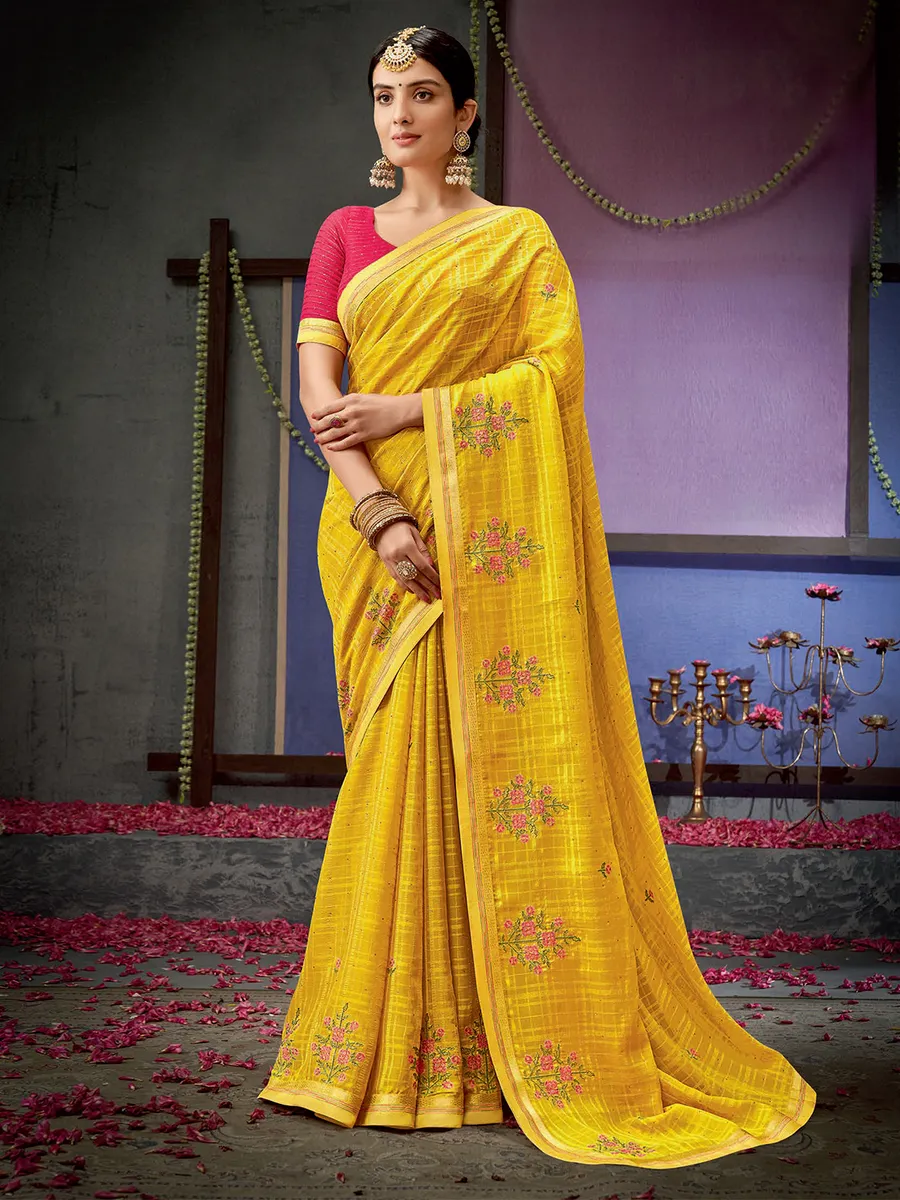 Yellow georgette checks saree