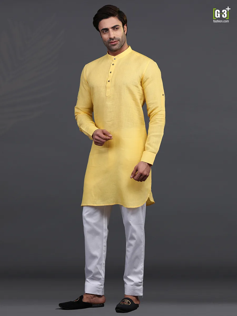 Yellow linen full sleeeves kurta suit