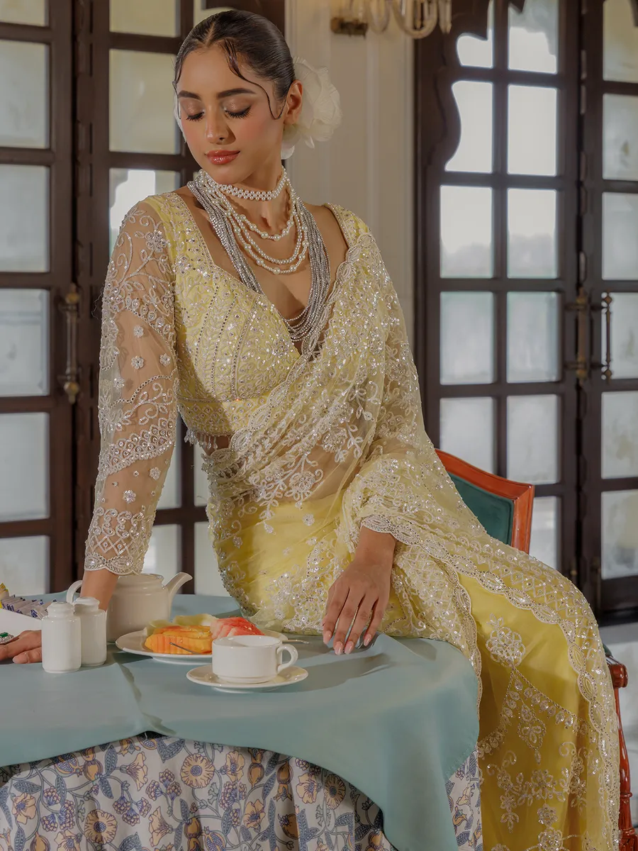 Yellow net saree for rich sequins work