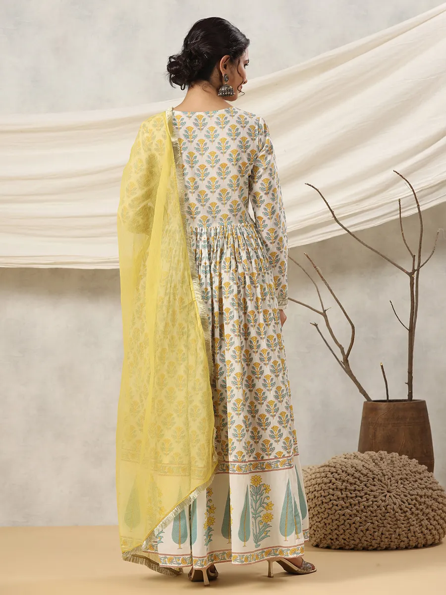 Yellow printed anarkali kurti with dupatta