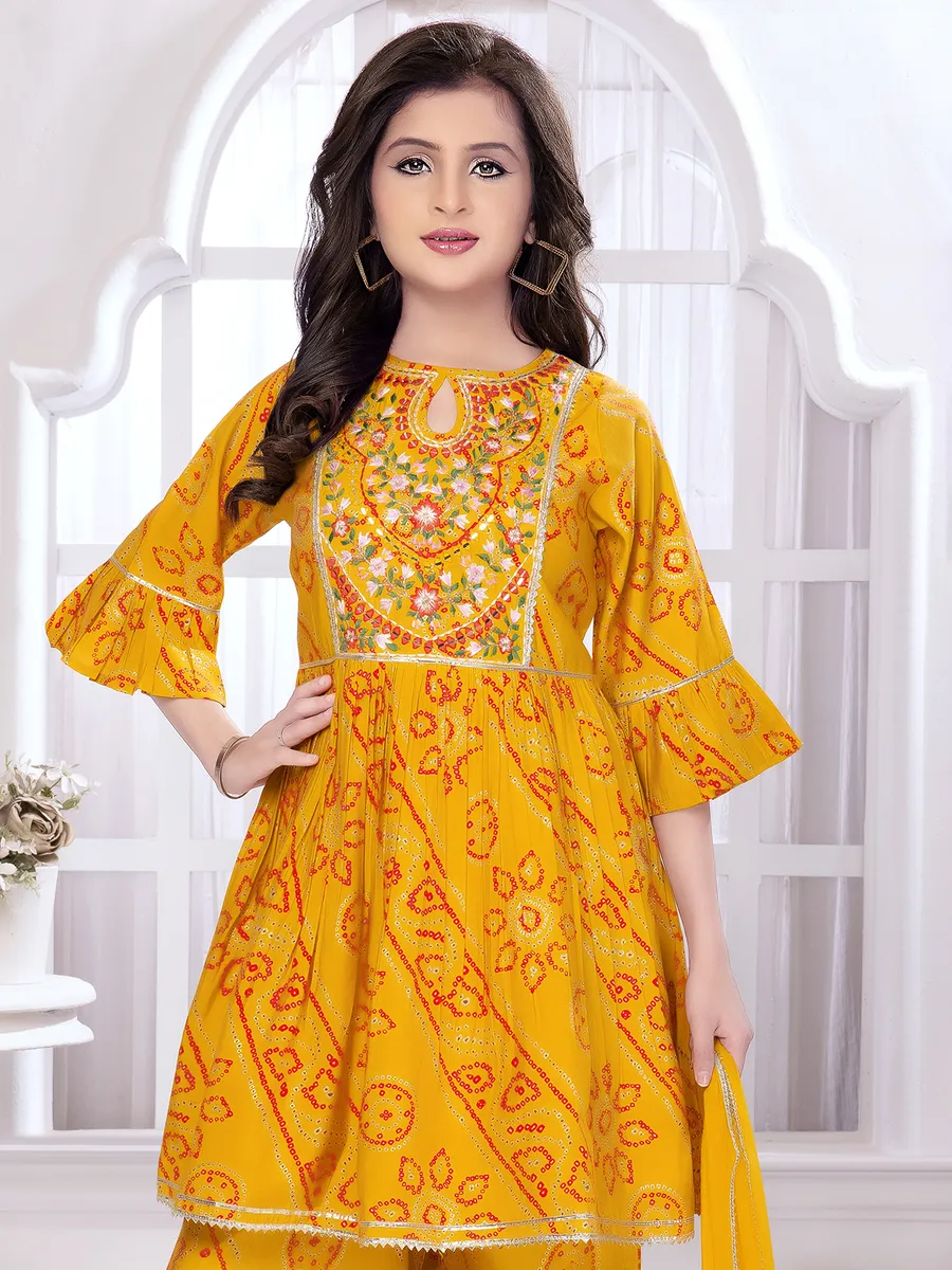 Yellow printed cotton silk palazzo suit