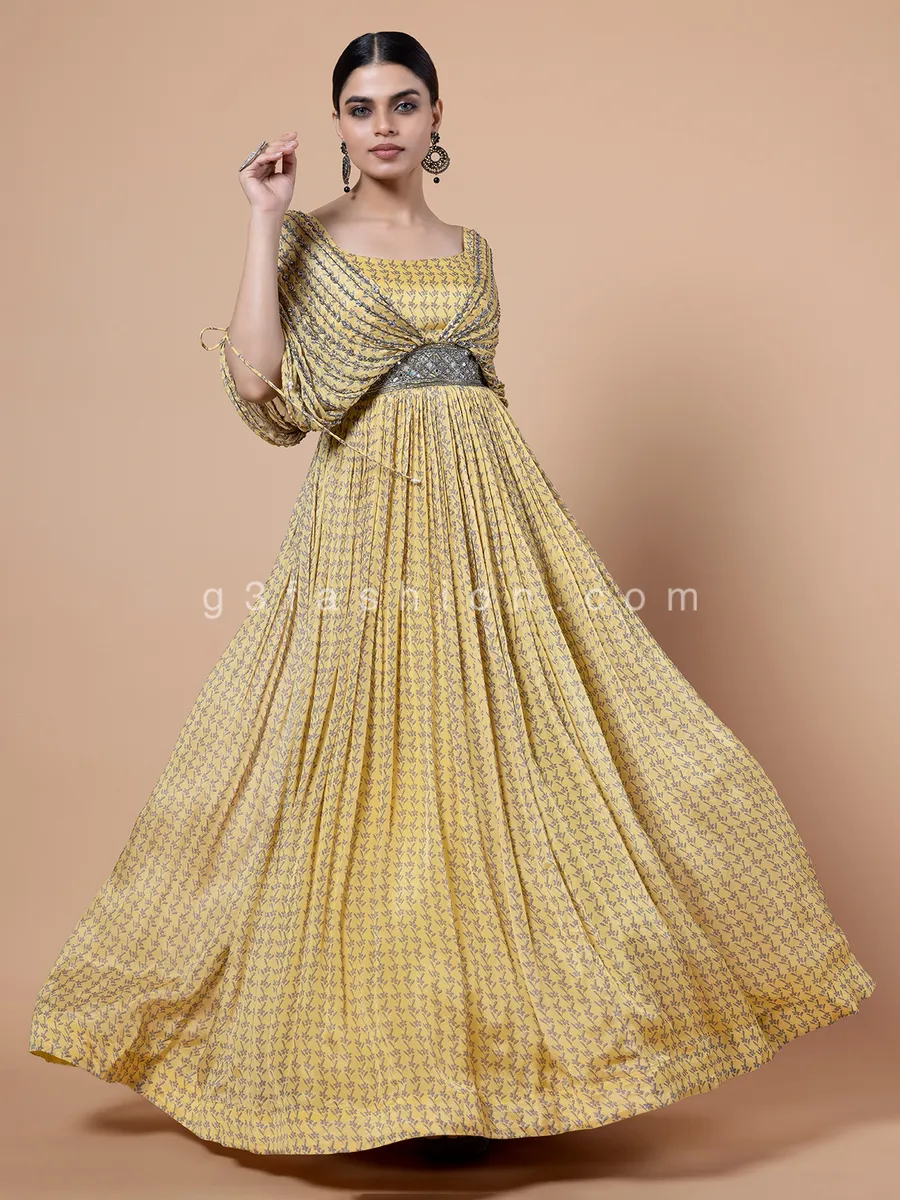 Yellow printed georgette gown