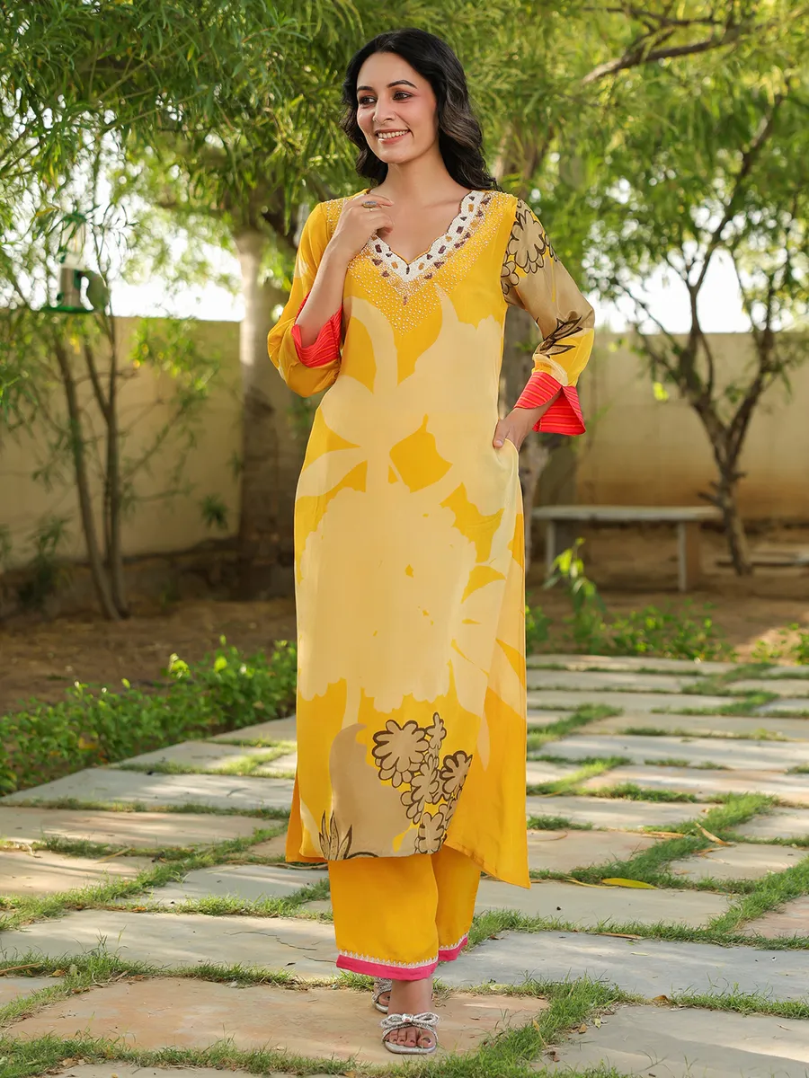 Yellow printed rayon cotton kurti set