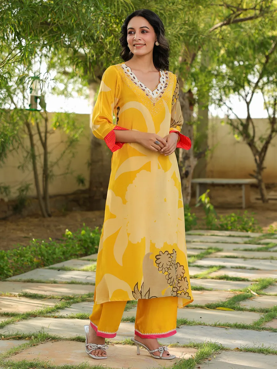 Yellow printed rayon cotton kurti set