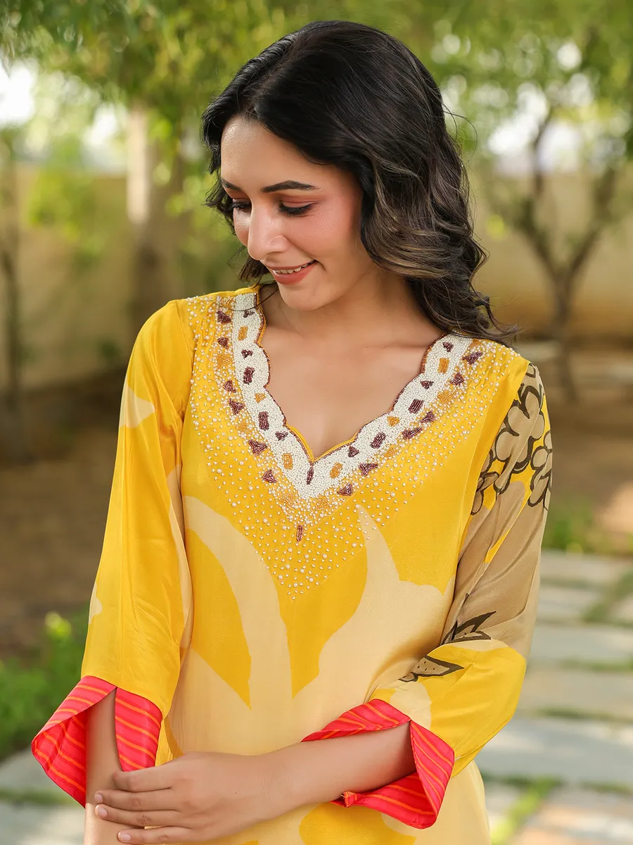 Yellow printed rayon cotton kurti set