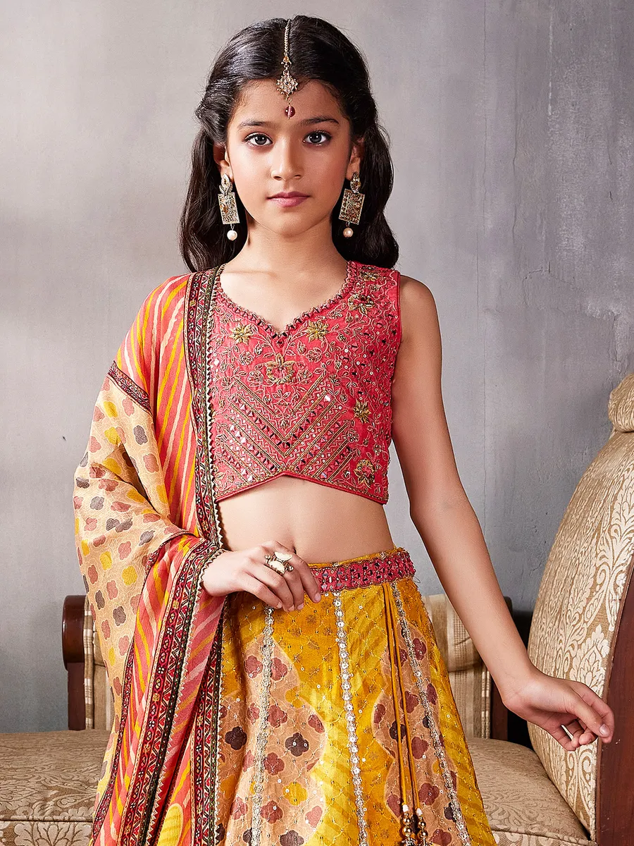 Yellow printed silk lehenga choli for reception