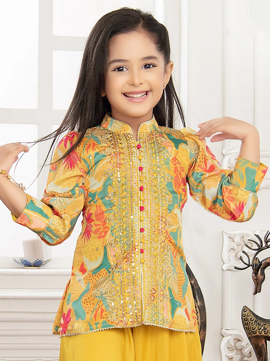 Yellow printed silk palazzo suit for girls