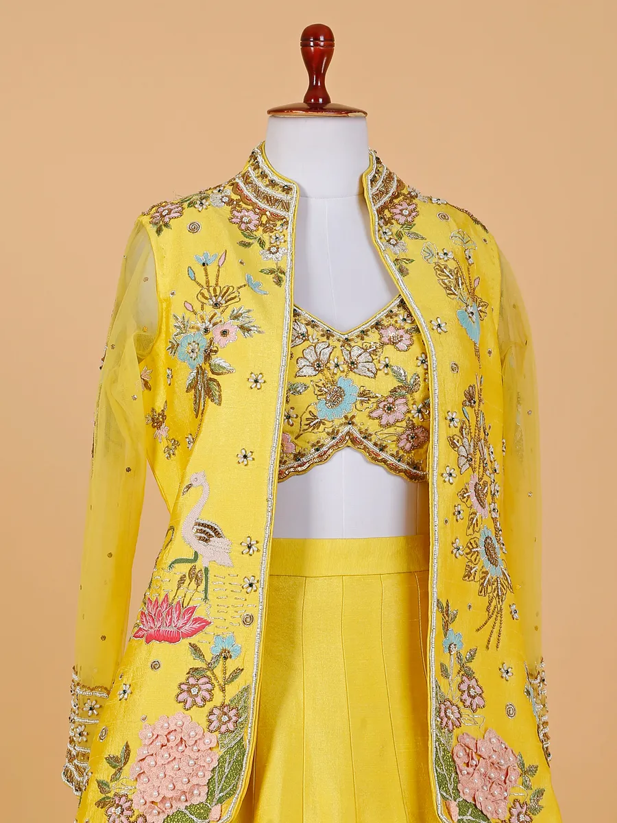 Yellow raw silk jacket style lehenga choli
