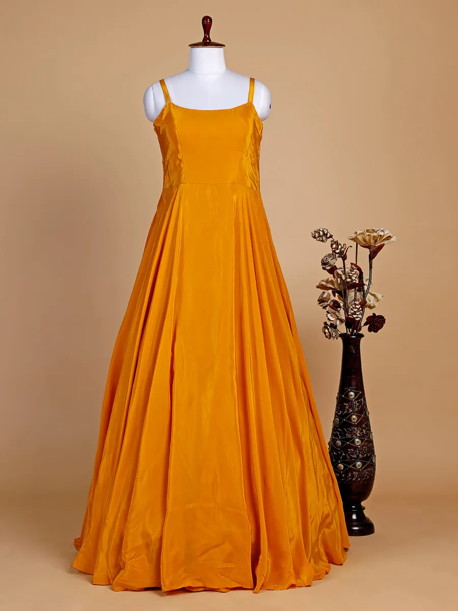 Yellow satin plain floor length suit with jacket