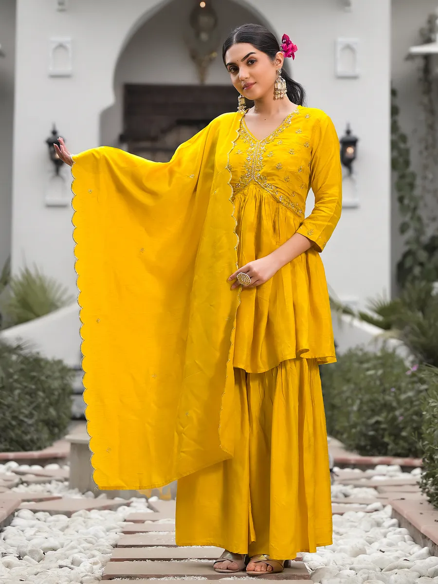 Yellow silk alia cut sharara set with dupatta