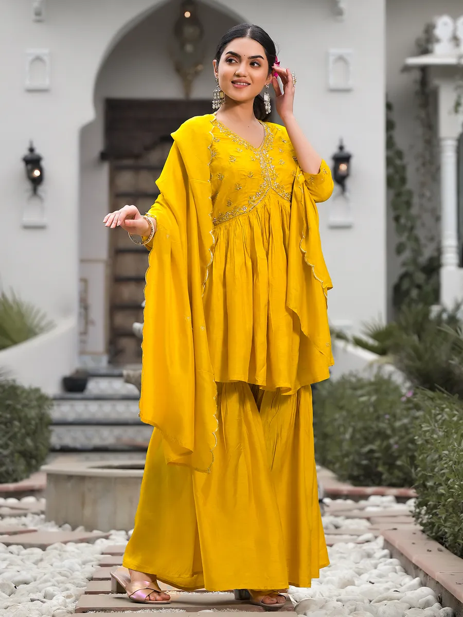 Yellow silk alia cut sharara set with dupatta