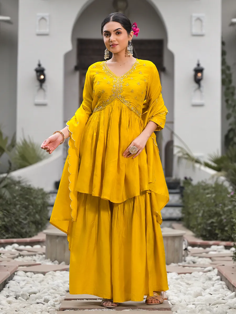 Yellow silk alia cut sharara set with dupatta