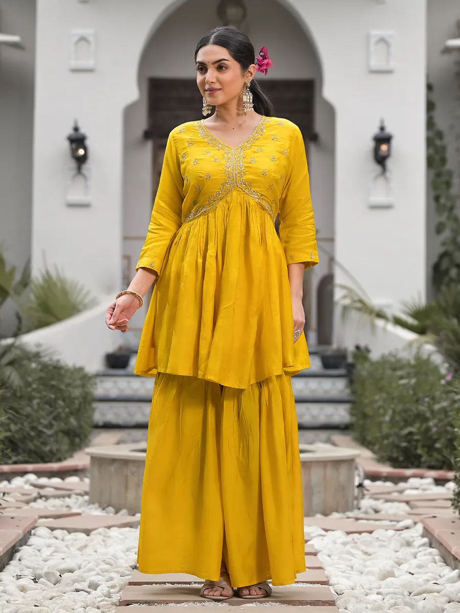 Yellow silk alia cut sharara set with dupatta