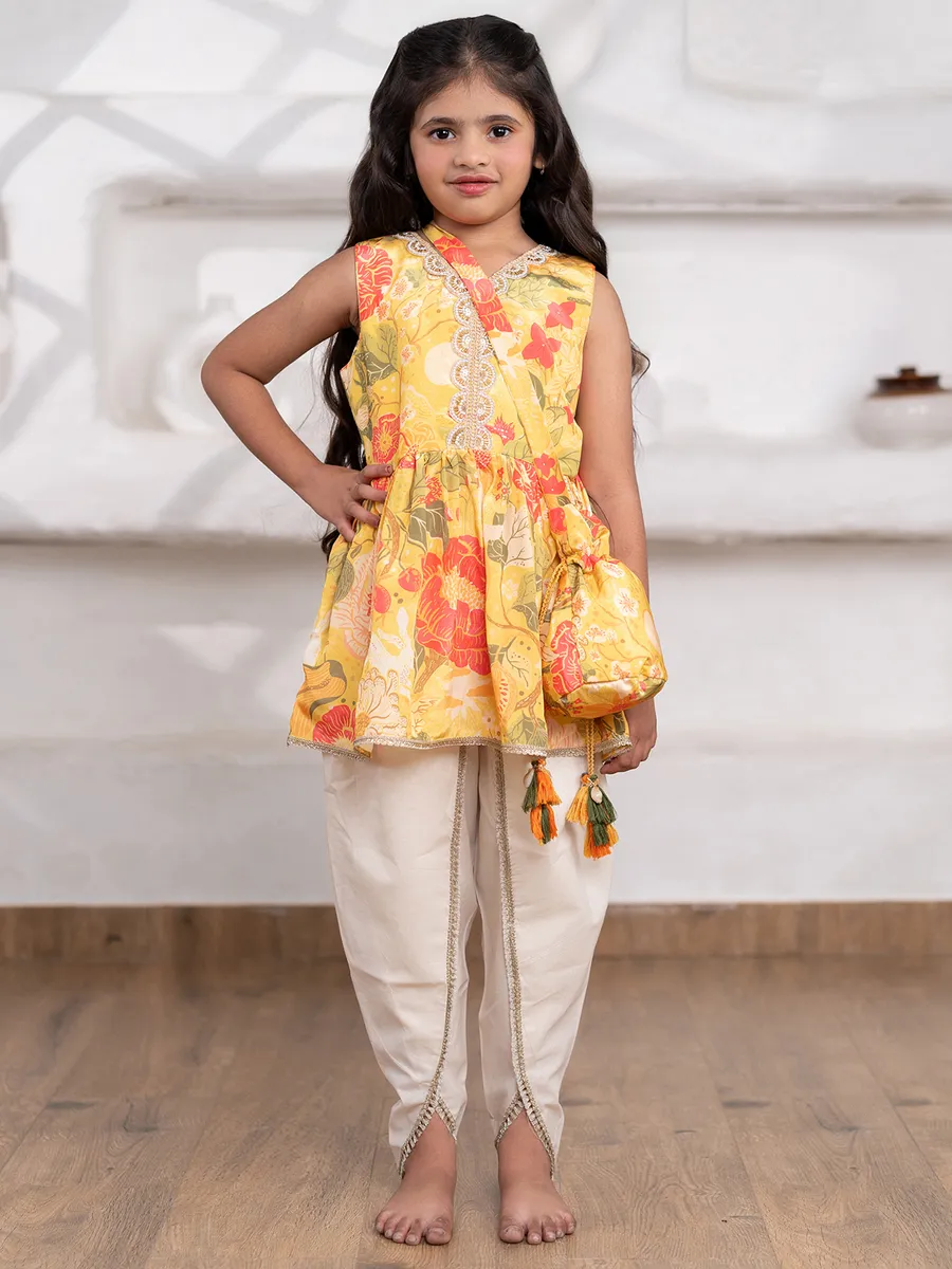 Yellow silk dhoti suit with print