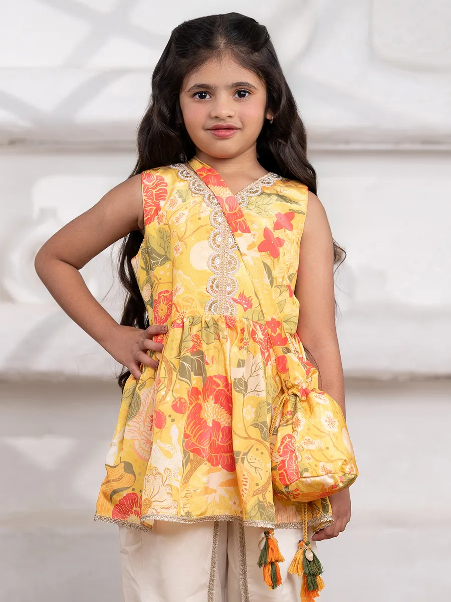 Yellow silk dhoti suit with print
