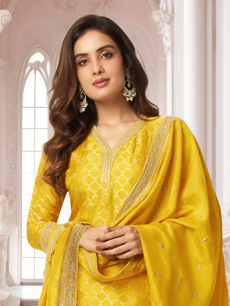 Yellow silk straight cut salwar suit