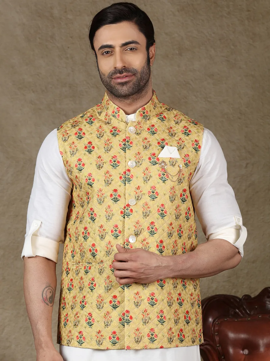 Yellow silk waistcoat for men in printed