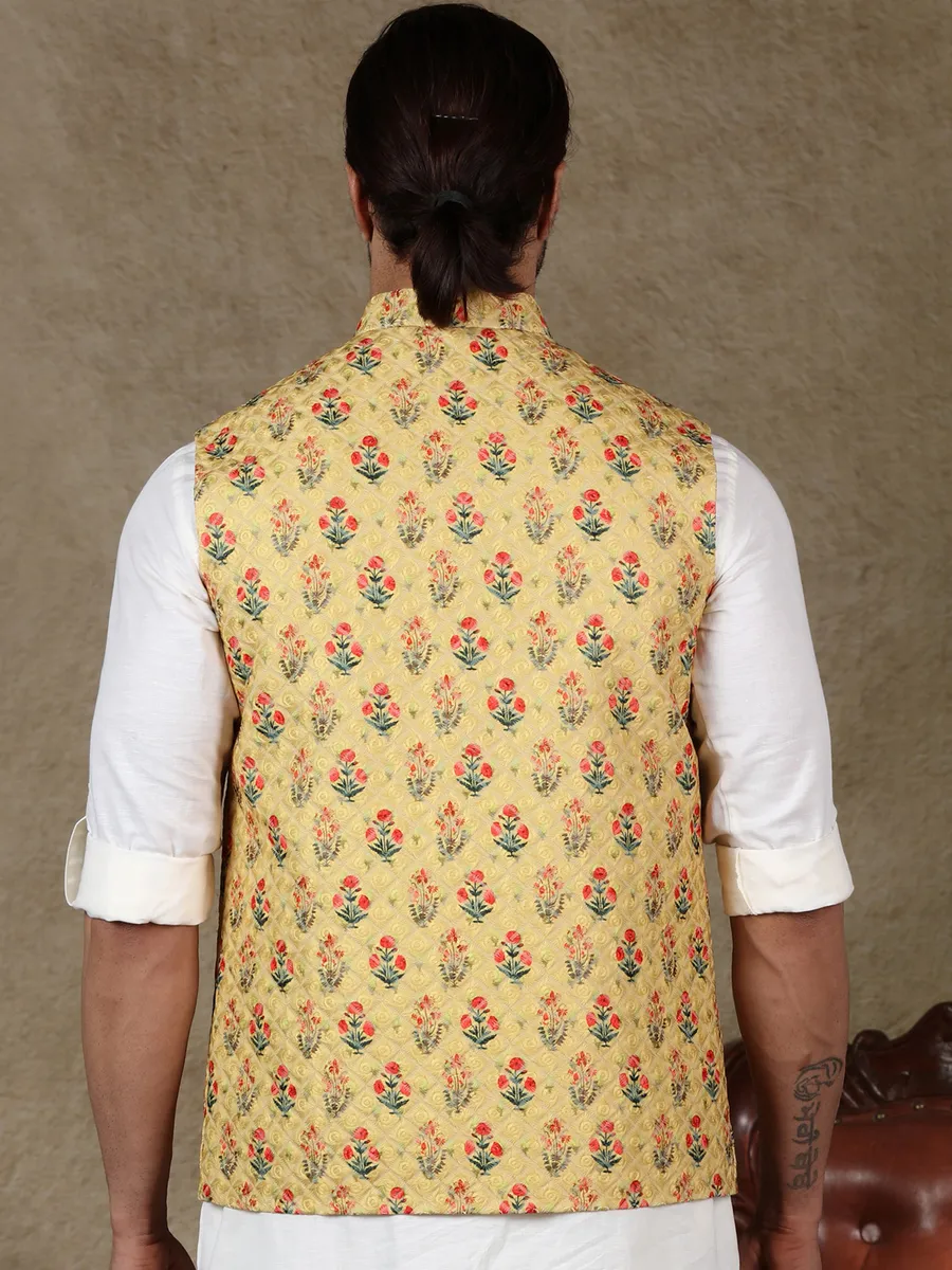 Yellow silk waistcoat for men in printed