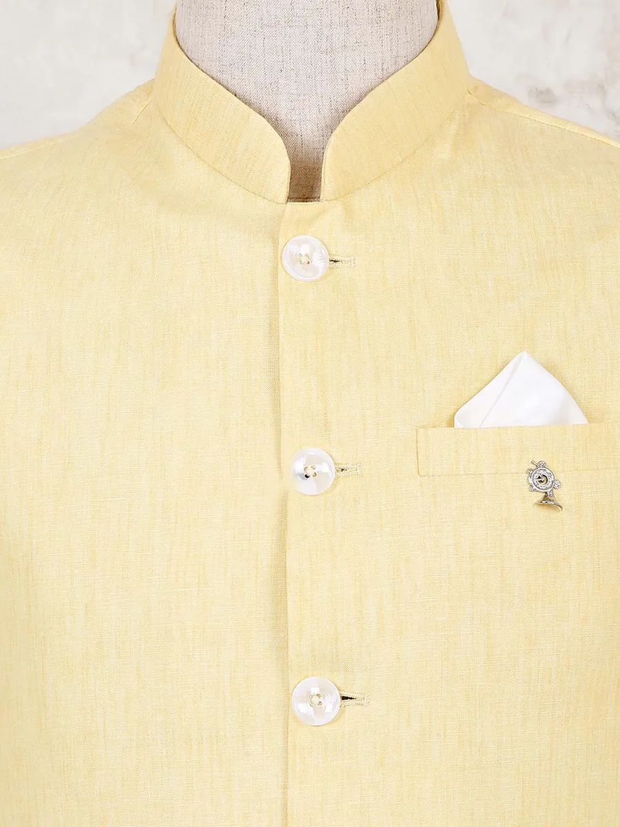 Yellow solid cotton linen sleeveless waistcoat