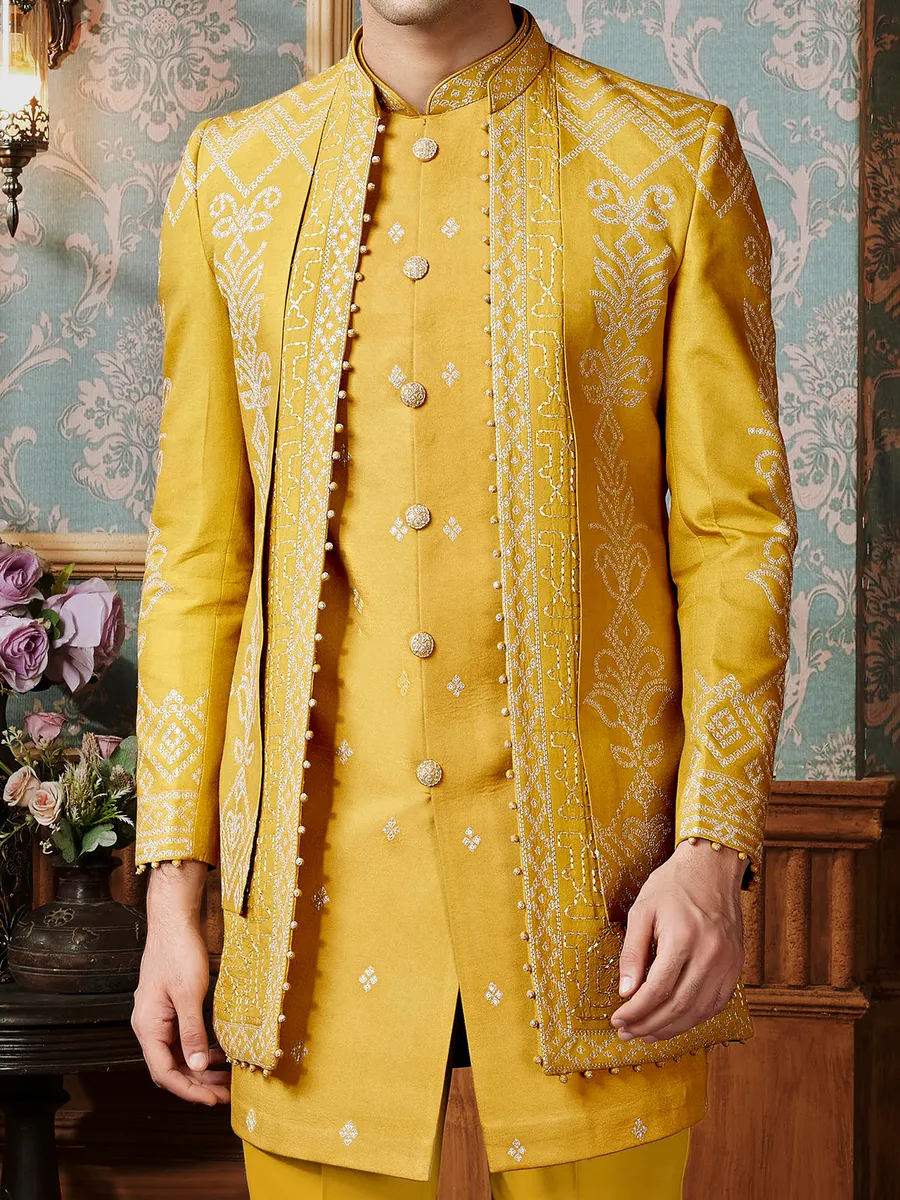 Yellow terry rayon Indowestern with minimal thread work