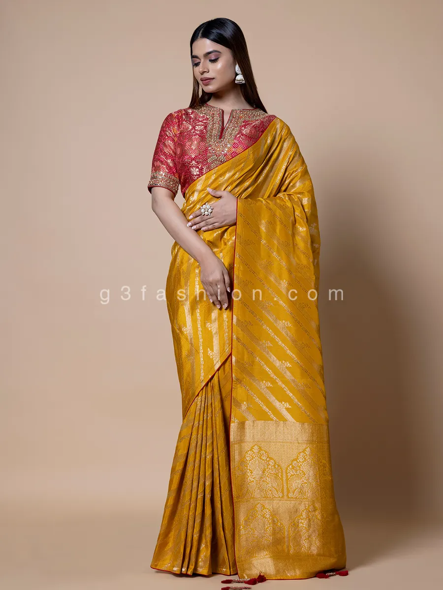 Yellow zari weaving saree in silk