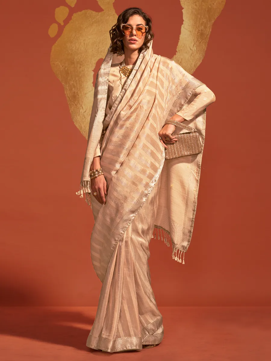 Zari weaving cream silk saree