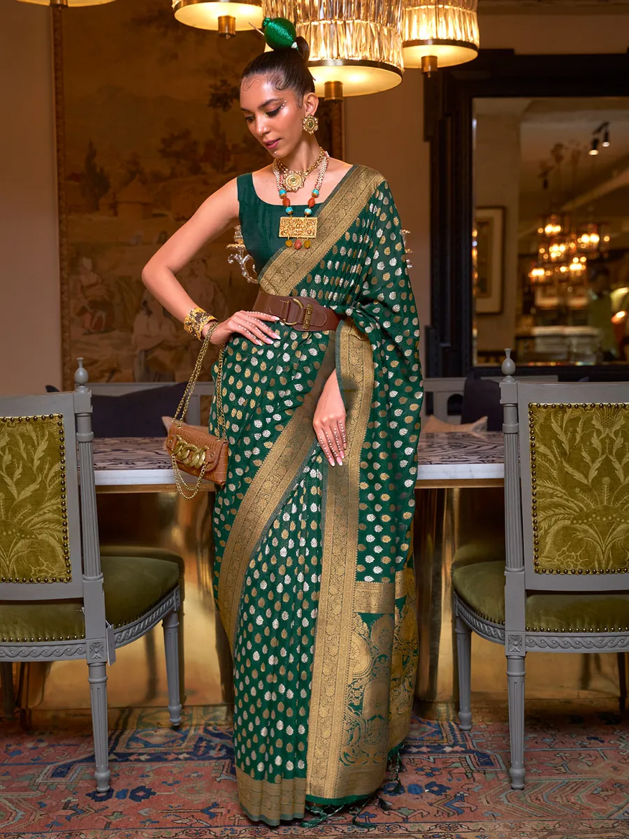 Zari weaving dark green silk saree