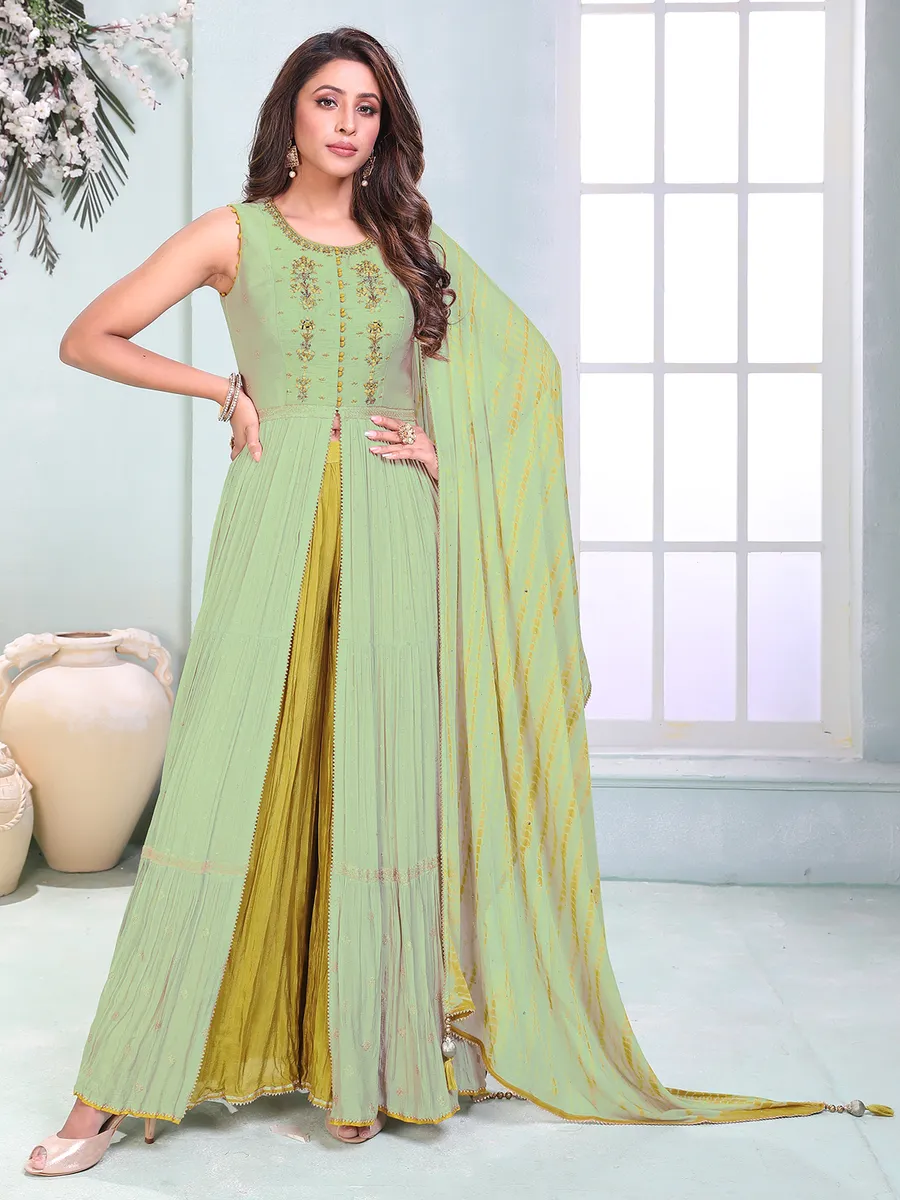 Stylish pista green silk palazzo suit