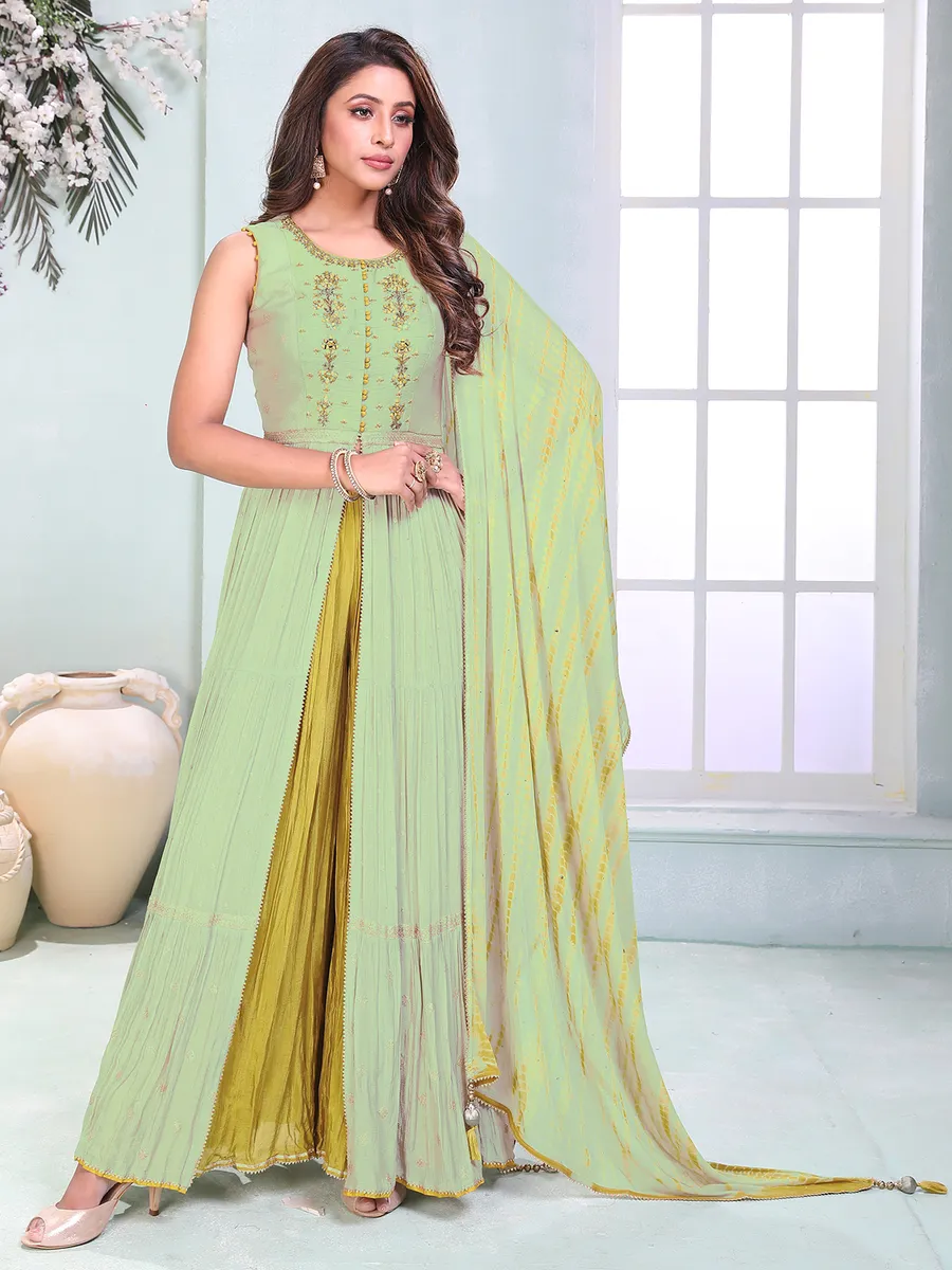 Stylish pista green silk palazzo suit