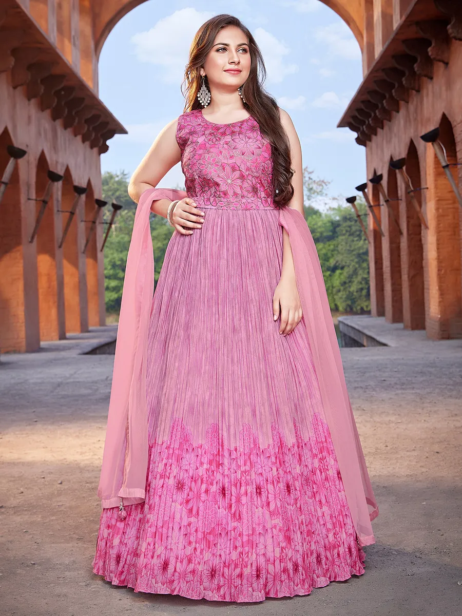 Light pink floral printed anarkali suit