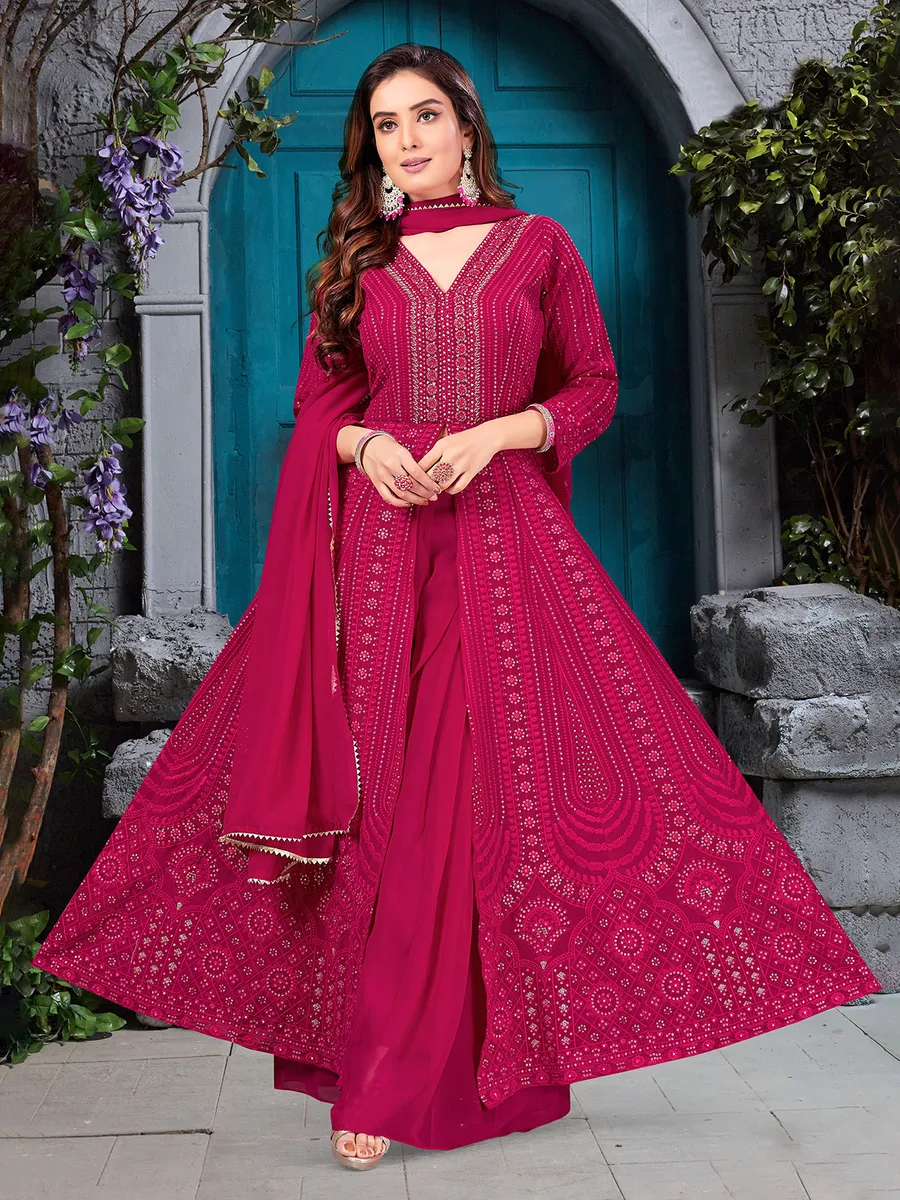 Magenta georgette front slit palazzo suit