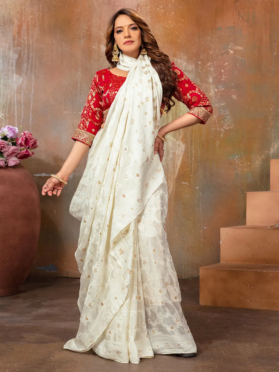 Trendy white georgette saree for wedding