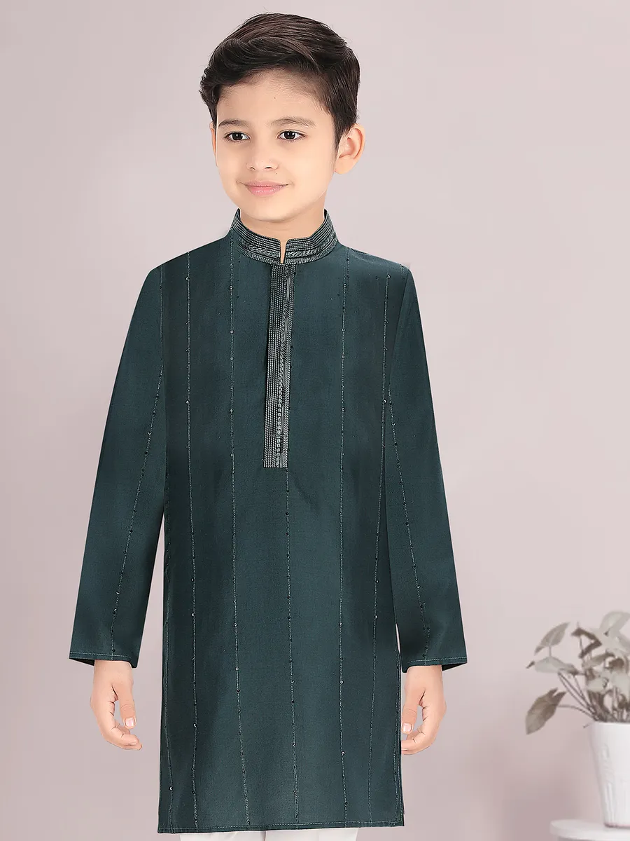 Dark green cotton silk festival special kurta suit for boys