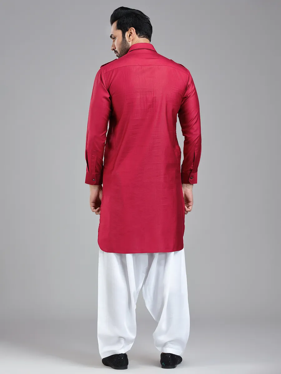 Luxurious dark maroonish red mens pathani kurta set