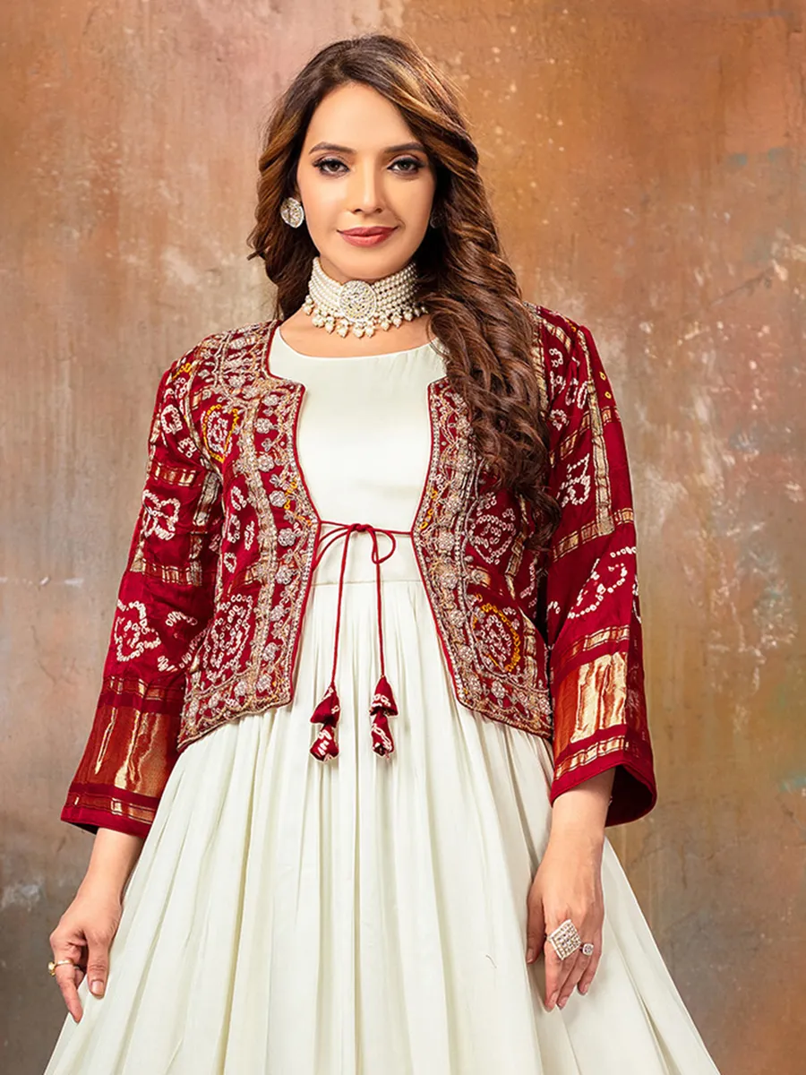 Off-white satin anarkali suit for wedding